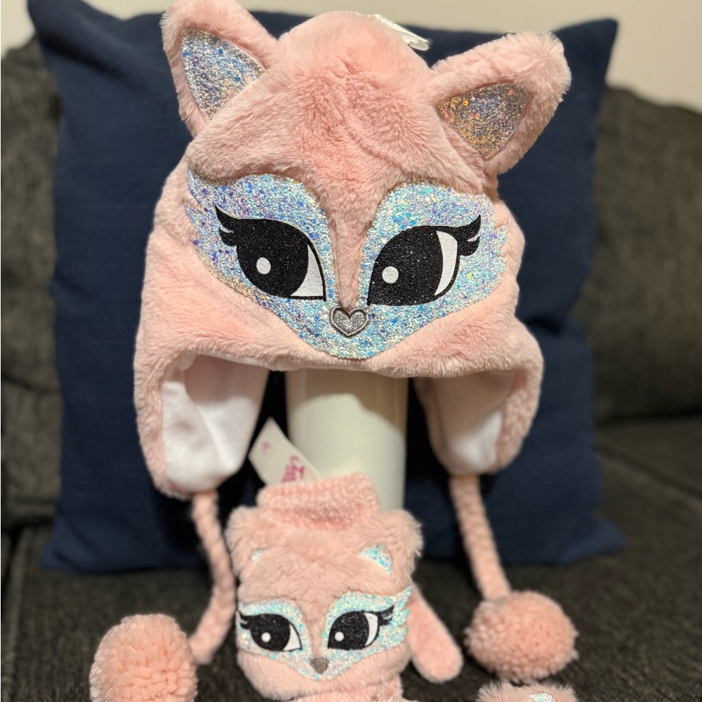 Justice Pink Furry Animal Hat & Glove Set with Glitter Accents